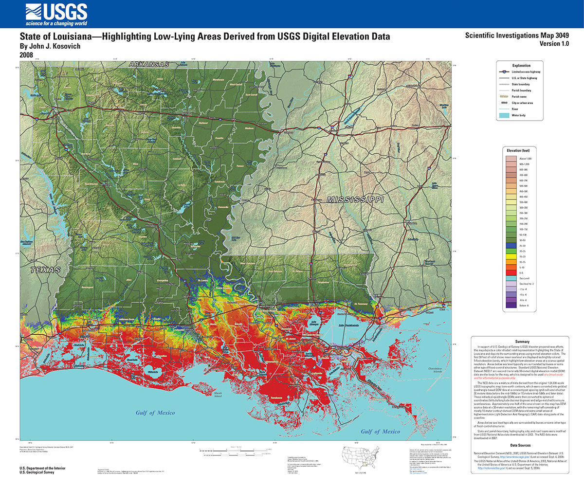 Topographic map of Louisiana showing that most of the land south of I 10 is less than 5 feet above sea level.